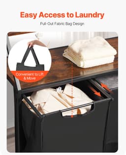 2-Laags Wasmand, met Metalen Frame en Houten Top, Rollende Mand met Dubbele Compartimenten en Ladderplanken voor Het Sorteren van Kleding — thumbnail 5