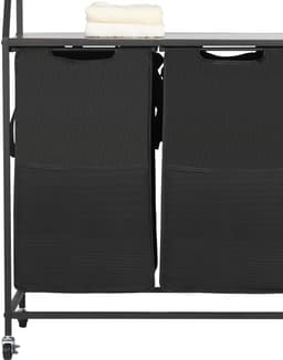 2-Laags Wasmand, met Metalen Frame en Houten Top, Rollende Mand met Dubbele Compartimenten en Ladderplanken voor Het Sorteren van Kleding — thumbnail 4