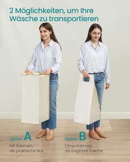 Bamboe wasmand met 2 vakken – 100 L wassorteerder met planken, waszak en zijvakken, crème-wit (RLH200W01) — thumbnail 2