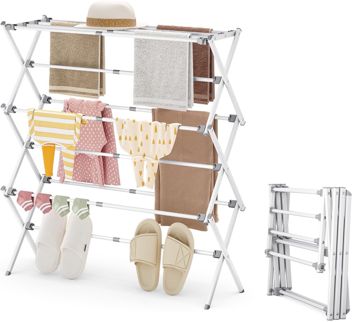 Unyqoos® Inklapbaar en uittrekbaar droogrek met drie niveaus voor compact gebruik — afbeelding 1