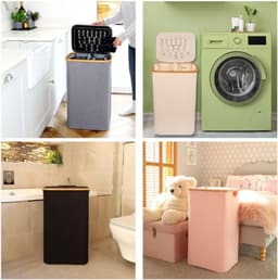 Wasmand - 100L Dubbele Wasmand Met Deksel - 2 Compartimenten Voor Sorteren - Afneembare Binnenzakken - Oxford Stof Met Bamboe Rand - Praktisch En Duurzaam — thumbnail 2