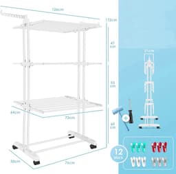 Ruimtebesparend Droogrek met Zwenkwielen - Inklapbaar 4-Laags Wasdroogrek met Draaibare Zijvleugels en 6 Planken voor Binnen en Buiten - Wit/Antraciet — thumbnail 2