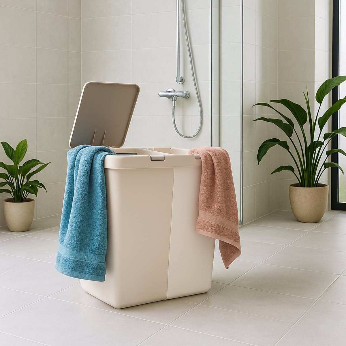 Motek® - Wasmand - 80 L - 2 Vakken met Deksel - Met Touch Deksel - Gemaakt van 100% gerecycled kunststof - 80 L - wasmand met deksel - Wassorteerder - Beige — afbeelding 1