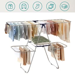 Droogrek - Wasrek - kledingrek van roestvrij staal, wasdroger met in hoogte verstelbare vleugels, vleugel kledingrek met 2 niveaus, voor sokken, bedlinnen, kleding, opvouwbaar, balkon, stal, blauw — thumbnail 5