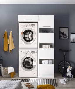 Wasmachine kast en wasmand kast - Wasmachine kast en droger kast - Wasmachine ombouw - Houten wasmachine meubel - Wit — thumbnail 1