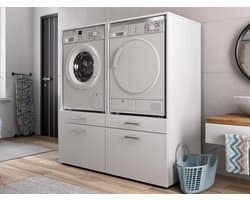 MOBISTOXX Wasmachine Kast - Set van 2 - Wasmachine Verhoger - Wasmachine Ombouw - 134 cm x 65 cm x 144 cm (B x D x H) - Met Lade Voor Wasmand - Voor Wasmachine en Droogkast - Wit — afbeelding 1