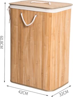 Grote Bamboe Wasmand met deksel - 80 L - Wasmand 1 Vak met stoffen waszak - Opvouwbaar - Wassorteerder - Naturel — thumbnail 3