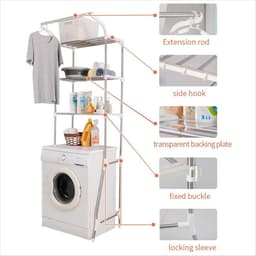 Wasruimte plank voor toilet en wasmachine - verstelbare badkamer organizer met kleding ophangmogelijkheid - ivoor Wasmachine rek — thumbnail 3