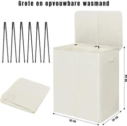 KIRA® Wasmand - Wasmand 2 Vakken - Wasmand Met Deksel - Wit - 63cm x 37cm x 69cm — thumbnail 5