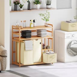 Wasmand Met Vakken - Kleding Sorteerder - Orde Scheppen - Dubbel Bamboe Planken - 140 Liter - Beige — thumbnail 4
