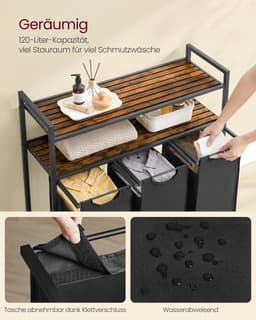 Joorly Wasmand 3 vakken - Wassorteerder - Wasmandtafel - Tafel met 2 planken - Voor Badkamer en Wasruimte - 92,5x33x92cm — thumbnail 4