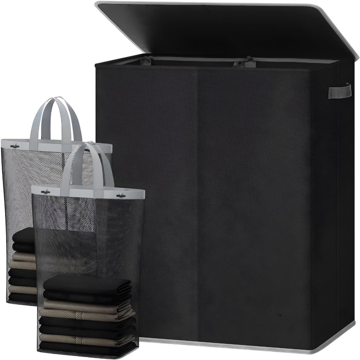 JCP® Wasmand - 145L - Wasmand 2 Vakken - Wasmanden - Zwart - 58cm x 38cm x 67cm — afbeelding 1