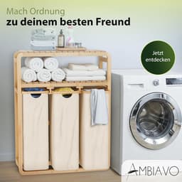 Wasmand 3 vakken met legplank beige 150 l – ruimtebesparend design – 50 l per vak – stabiele bamboeconstructie – legplank – uitneembare, wasbare waszakken — thumbnail 4