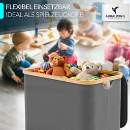 Wasmand 3 vakken – 160 l wassorteerder & wasverzamelaar met deksel – bamboeframe en stabiele metalen ringen – opvouwbaar, smal & met 3 uitneembare, wasbare zakken – grijs — thumbnail 5