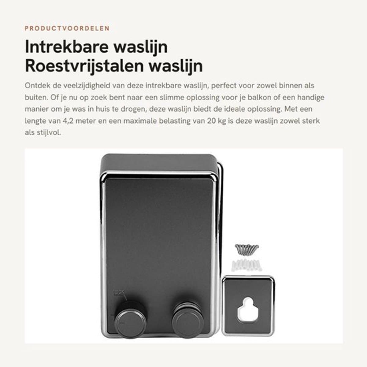 Waslijn Intrekbaar - Wandmontage - Roestvrij Staal - Duurzaam - Max. Belasting 20 kg - Lengte 4,2 meter - Kledingdroogrek — afbeelding 1