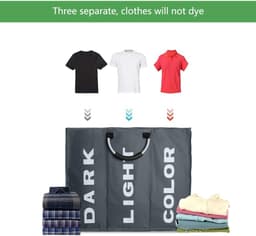 3 Secties Grote Wasmand, Opvouwbare Waszak, Opklapbare Wasmand, Draagbare Opbergtas met Handgrepen, Vuile Kledingzak voor Badkamer, Slaapkamer, 90L, Donkergrijs — thumbnail 5