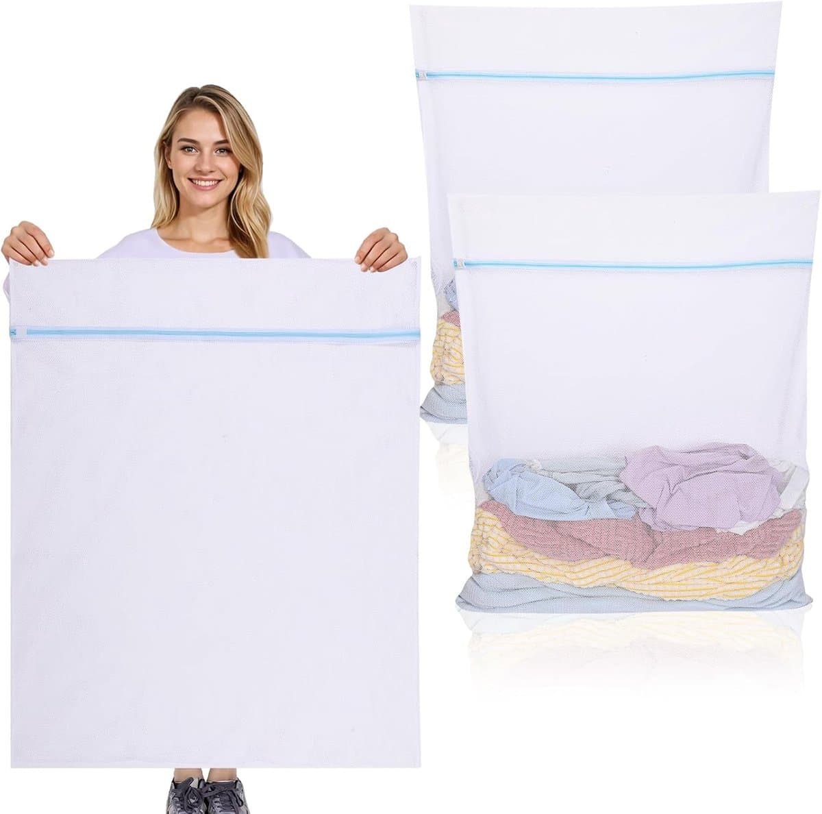 SnelShoppen - 2 Stuks Wasnet Groot 90x110cm - Herbruikbare Waszak met Rits voor Kleding, Shirts, Sweaters, Jas, Broeken - Waskorf voor Wasmachine - Wi — afbeelding 1