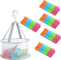 Thijox - 60 Stuks Wasknijpers met Mand - Windbestendige Plastic Wasknijpers Groot voor Kleding en Sokken - Inclusief Opbergnet en Kleurrijke Knijpers — thumbnail 1