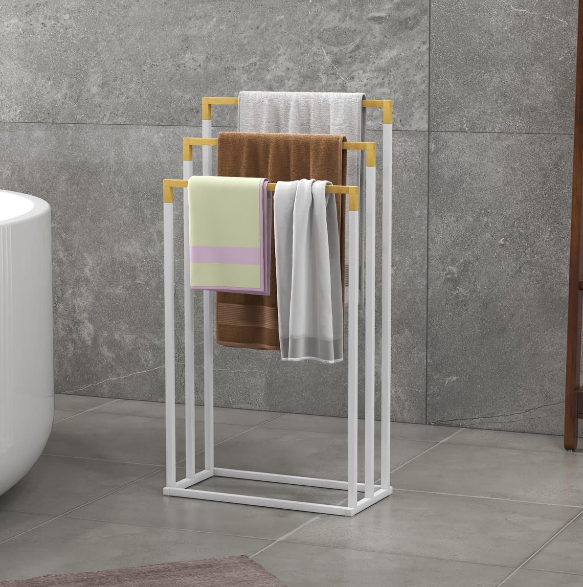 MEUNIQ Vrijstaand handdoekenrek met 3 stangen 45 x 22,5 x 86 cm van metaal en bamboe voor badkamer, staand droogrek zonder boren, wit — afbeelding 1