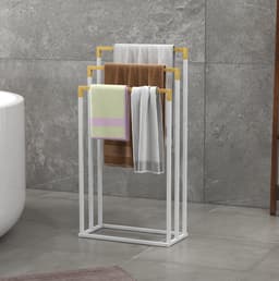 MEUNIQ Vrijstaand handdoekenrek met 3 stangen 45 x 22,5 x 86 cm van metaal en bamboe voor badkamer, staand droogrek zonder boren, wit — thumbnail 1