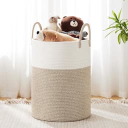 Gevlochten Wasmand Van Katoen - Handgemaakte Opbergmand Met Handvatten - Decoratieve Wasverzamelaar Voor Kleding, Speelgoed, Dekens En Huishoudelijke Spullen - Natuurlijke Opbergmand Voor Woonkamer, Slaapkamer En Kinderkamer - Wit/Bruin — thumbnail 2