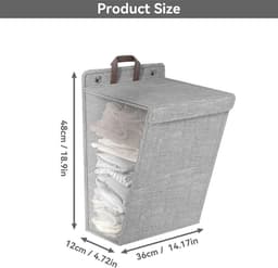 Opvouwbare wasmand met deksel - Hangende wasmand - Stoffen wasopberger - 48x36x12cm - Grij - met gaasvenster - voor badkamer en wasruimte — thumbnail 5