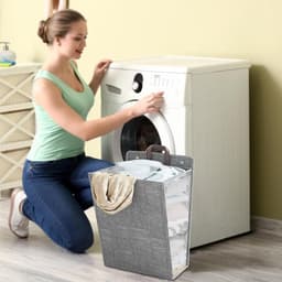 Opvouwbare wasmand met deksel - Hangende wasmand - Stoffen wasopberger - 48x36x12cm - Grij - met gaasvenster - voor badkamer en wasruimte — thumbnail 2