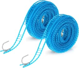 2 stuks - Waslijn - Nylon waslijn - Multifunctionele waslijn - Inclusief roestvrijstalen haak - Flexibel en duurzaam - Geperforeerd ontwerp - Winddicht - 5 meter - Geschikt voor het drogen van kleding tijdens reizen en kamperen - Blauw — thumbnail 1