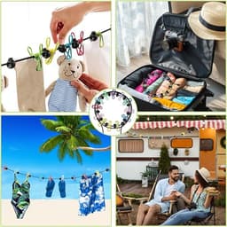 Campingwaslijn - met 12 kleurrijke clips - Reiswaslijn - Waslijndraad - draagbaar - Duurzaam - antislip - Ook zonder boren - Voor buiten kamperen, wasdrogen,reizen - zwart — thumbnail 4