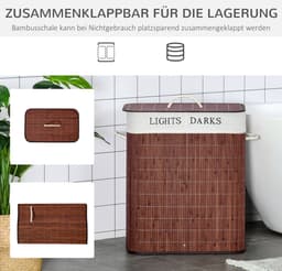 Bamboe wasmand - smal - met deksel - 100 liter inhoud - wasmand met handvatten - 2 uitneembare waszakken - wasmanden - wasbox voor wasruimte - slaapkamer - badkamer - bruin — thumbnail 2