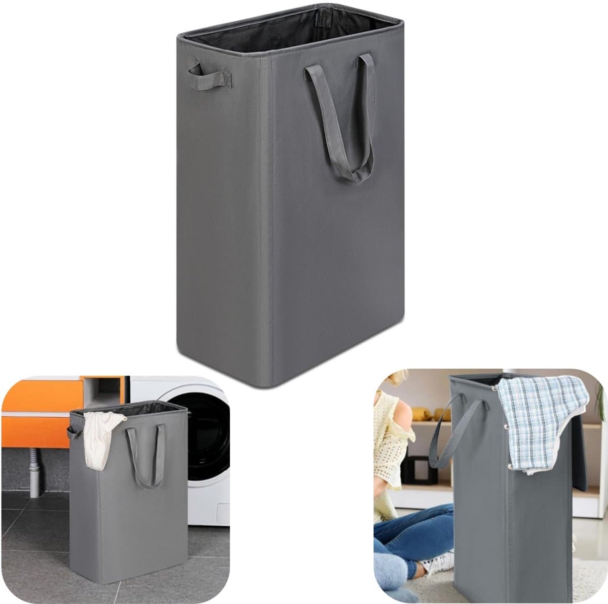 Waskorf - Mand voor vuile was - Mand voor badkameropslag - Mand voor speelgoedorganisatie - Met handvat - Grote capaciteit - Vuilbestendig - Slijtvast - Opvouwbaar - Opslagaccessoires - Voor badkamer, kleding, yogamat (grijs, 60*20cm) — afbeelding 1
