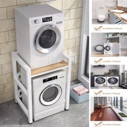 Wasmachine standaard – Wasdroger rek – Verhoger – Opbouwmeubel – Opbergrek – Verstelbaar in hoogte – Zwart smeedijzer met plank — thumbnail 1