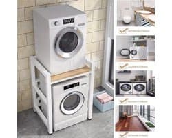 Wasmachine standaard – Wasdroger rek – Verhoger – Opbouwmeubel – Opbergrek – Verstelbaar in hoogte – Zwart smeedijzer met plank