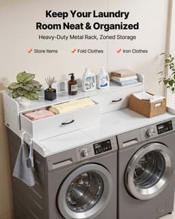 VEVOR Wasmachine en Droger Bovenplaat met Schroef, 137 X 69,9 cm Houten Wassers en Drogers Bovenplaat met 2 Laden & Hooks, Waskamers Bovenplaat voor Waskamers Pantry Counter Organisatie en Opslag, Wit — thumbnail 5