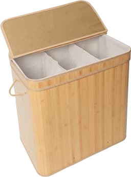 Wasmand Met Deksel - Bamboe Wasmand Met 3 Vakken - 150L Kledingmand Voor Was Sorteren - Grote Wasbox Voor Badkamer En Slaapkamer - Natuurlijke Uitstraling — thumbnail 1