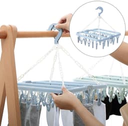 Opvouwbaar hangend kledingrek met 32 klemmen - kleerhangers - kleerhangers kunststof - Multifunctioneel windbestendig droogrek - Droogrek voor sokken en ondergoed - Huishoudelijk plastic kledingdroogrek - Hangend droogrek - blauw — thumbnail 4