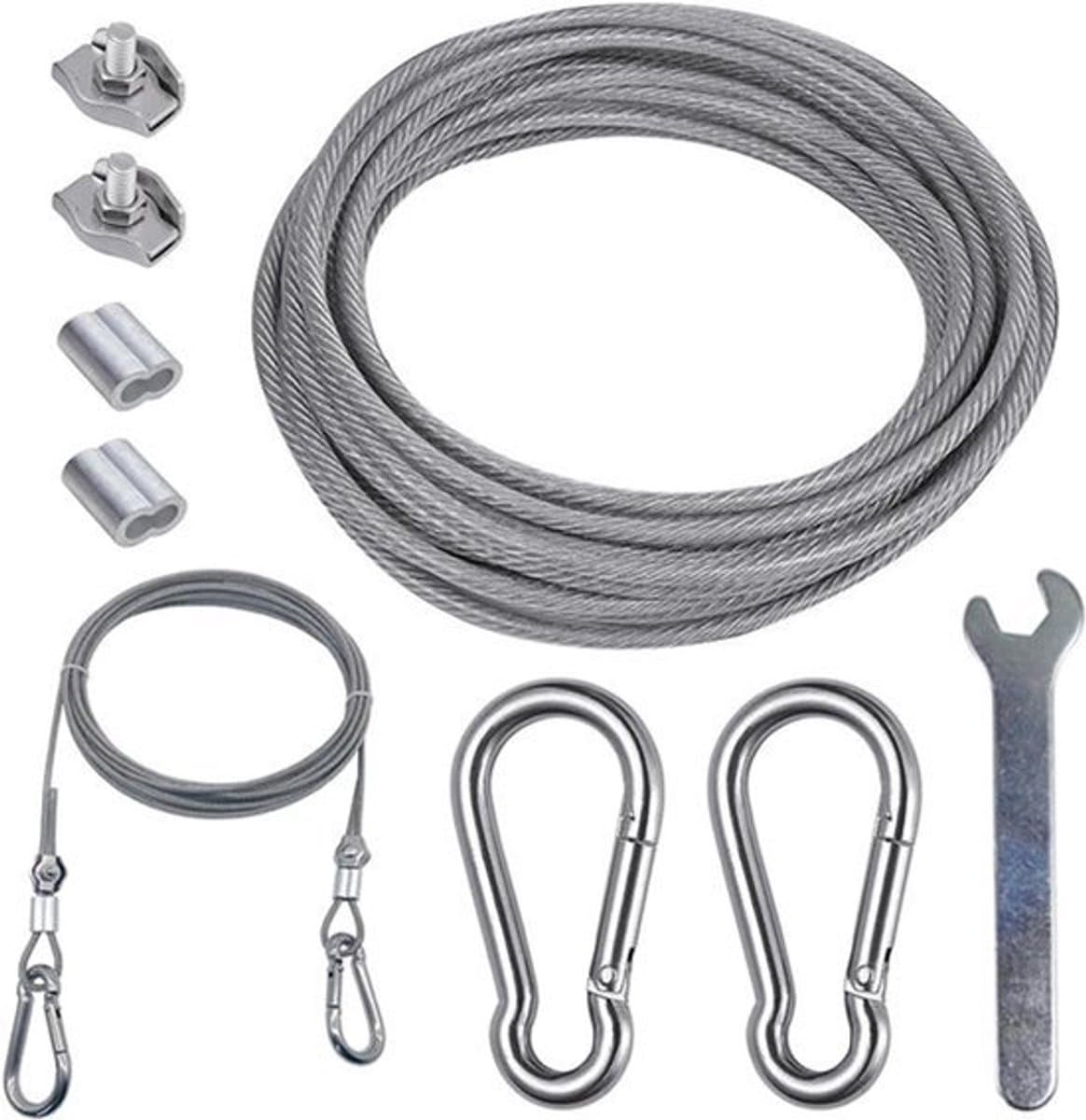 2 m draadkabel 3 mm met PVC-gecoate roestvrijstalen kabel, karabijnhaak M6, krimplus draadkabelklem en mini-schroefsleutel voor Lanyard, waslijn, tenttouwen (2 m) — afbeelding 1