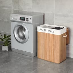 Wasmand Vuile wasmand met deksel, uitneembare voering, katoenen handgrepen en 2 vakken, 100 liter opslagcapaciteit, geschikt voor wasruimte en slaapkamer, 51,5 x 31,5 x 60,5 cm,naturel — thumbnail 3