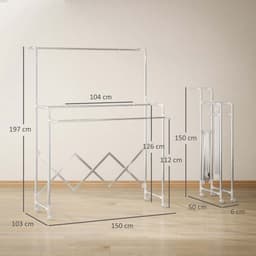 Inklapbare Vrijstaande Droogrek 103x104-150x197cm Zilver Stevig en Duurzaam Rvs Frame Met 3 Verstelbare Droogstangen en Wieltjes Gemakkelijk Te Verplaatsen Inklapbaar Ontwerp Bespaart Ruimte Geschikt voor Binnen en Buiten — thumbnail 3