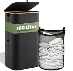 Nince Wasmand - 1 Vak - 100L - Met Deksel - Wassorteerder - Uitneembare Waszakken - Bamboe - Opvouwbaar - Zwart — thumbnail 1