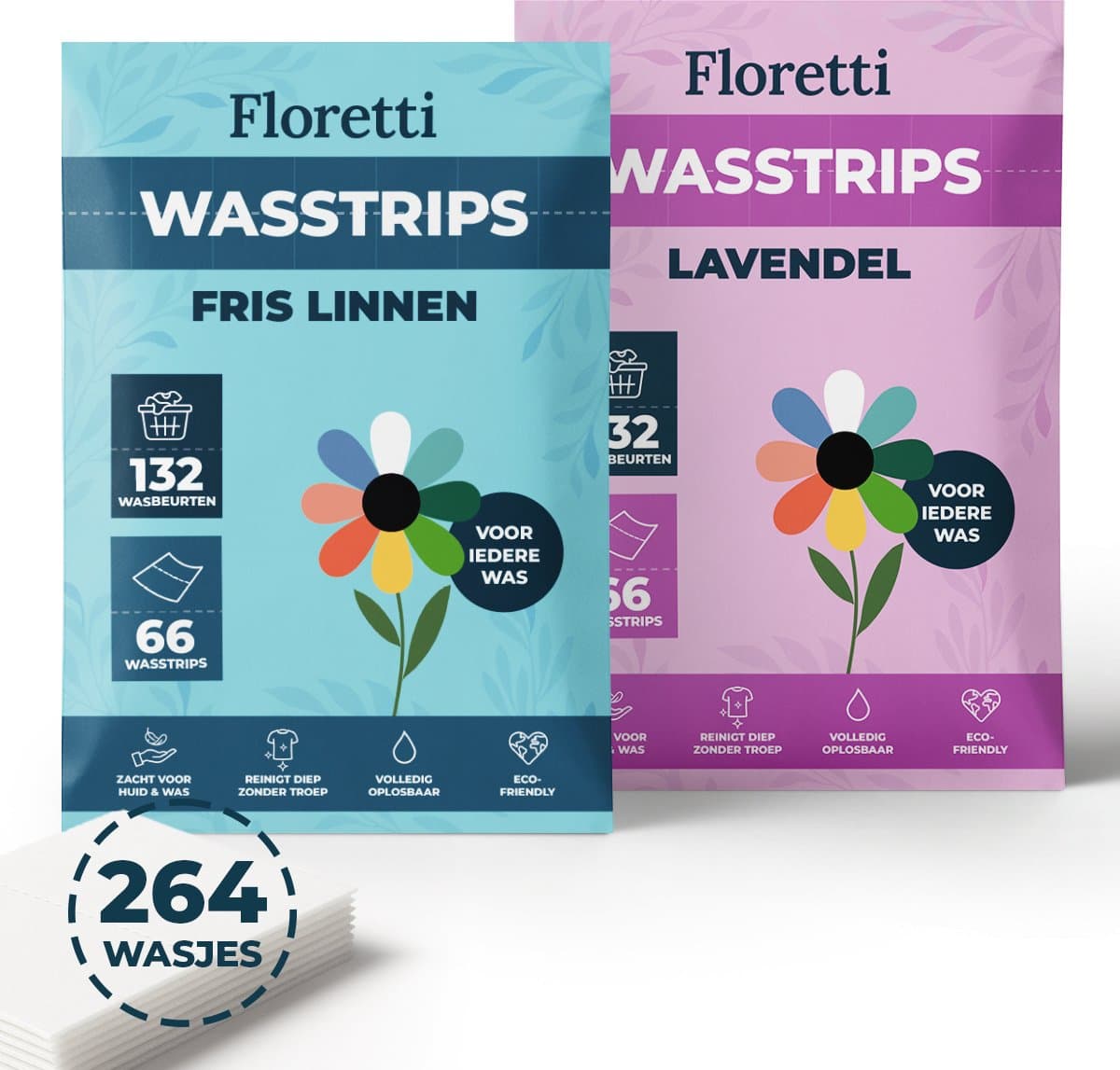 Floretti – Milieuvriendelijke Wasstrips DuoPack – Fris Linnen & Lavendel – 264 wasbeurten – Wasmiddeldoekjes / Wasvellen / Laundry Sheets – Vegan Voordeelverpakking – Voor alle kleuren en soorten was — afbeelding 1