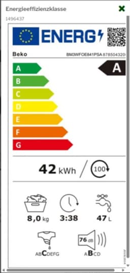 Beko BM3WFOE841PSA | Wasmachine | 8 kg | A | Duits display — thumbnail 2