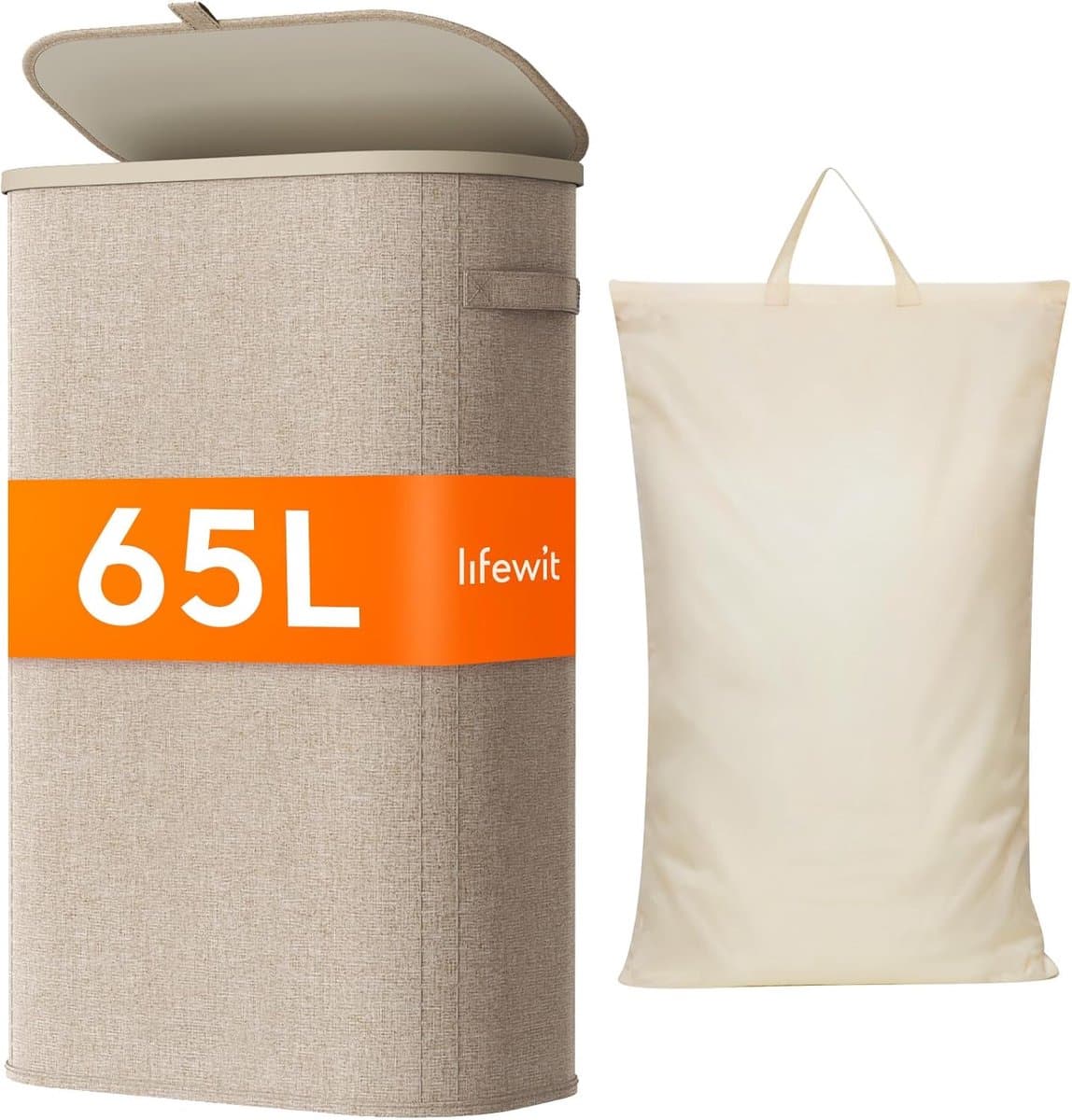 Smalle Wasmand 65L met Deksel – Opvouwbare Wassorteerder met Kunststof Frame – Grote Wasverzamelaar voor Slaapkamer & Badkamer – Beige — afbeelding 1
