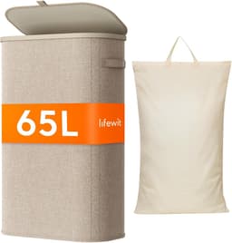 Smalle Wasmand 65L met Deksel – Opvouwbare Wassorteerder met Kunststof Frame – Grote Wasverzamelaar voor Slaapkamer & Badkamer – Beige — thumbnail 1