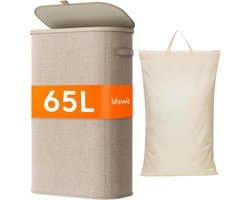 Smalle Wasmand 65L met Deksel – Opvouwbare Wassorteerder met Kunststof Frame – Grote Wasverzamelaar voor Slaapkamer & Badkamer – Beige — afbeelding 1