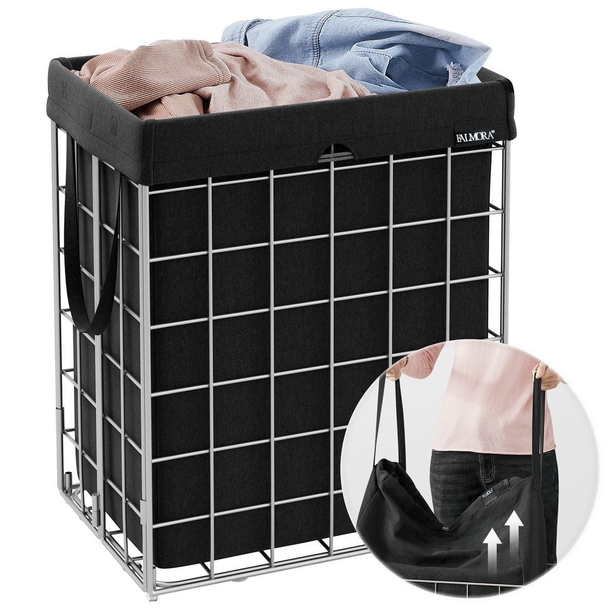 Falmora Grid Wasmand – Roestvrij Staal – Uitneembare Waszak – Zwart — afbeelding 1