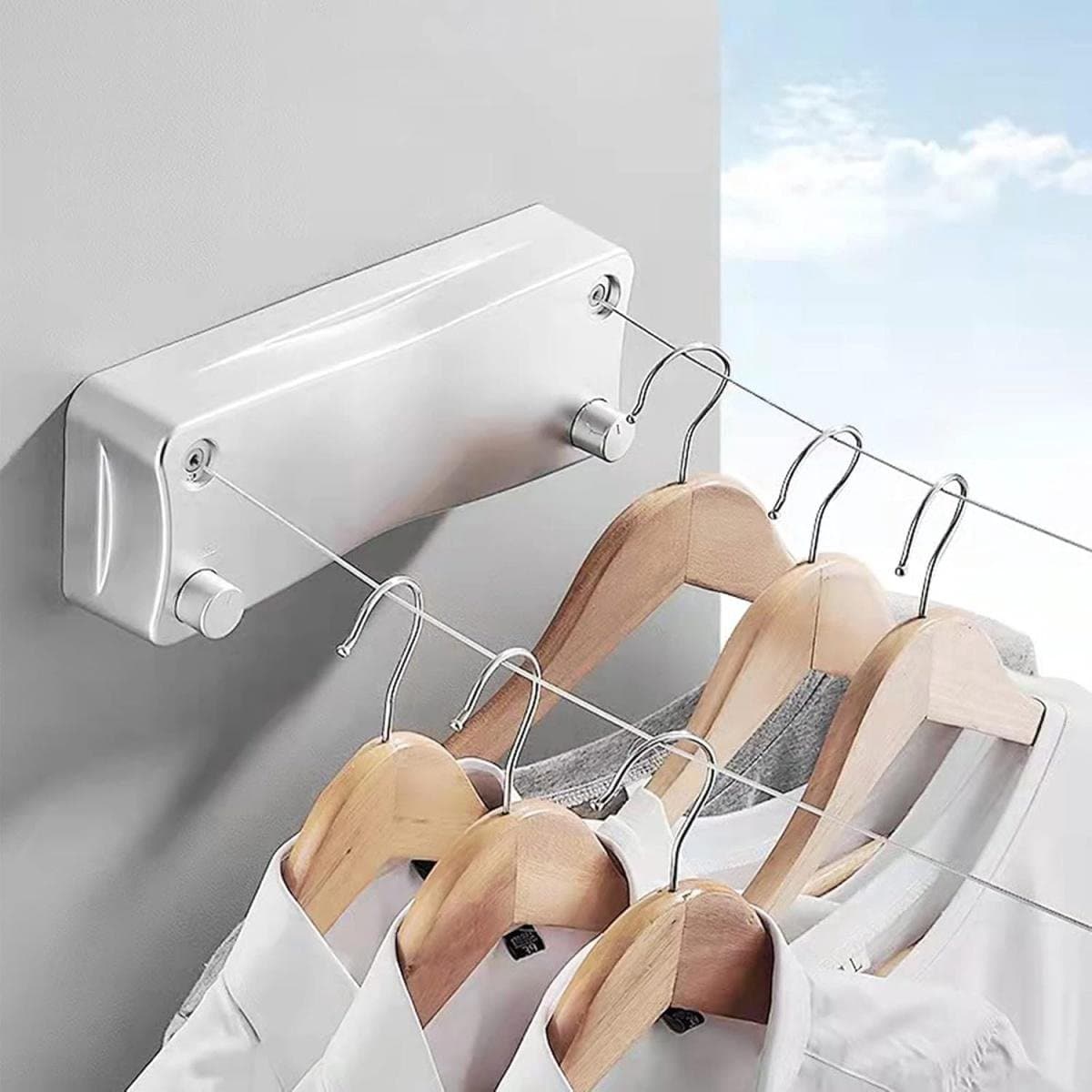 GELLDG Waslijn - Uittrekbare waslijn - Dubbele lijn - (2x 5,2 meter) 10,4 meter totaal - Wit - Wanddroogrek - Roldrooglijn - Geschikt voor badkamers, balkons en slaapkamers. — afbeelding 1