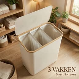 Somstyle Wasmand 3 Vakken - 75 x 57 x 37 CM - Wassorteerder met Deksel - 160 Liter - Uitneembare Binnenzak & Labels - Crème Wit — thumbnail 4