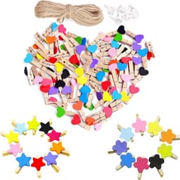 150 Stuks Mini Houten Klemmetjes (Hart, Ster, Bloem) met Jute Touw - Decoratie Clips voor Foto's en Kaarten — thumbnail 1
