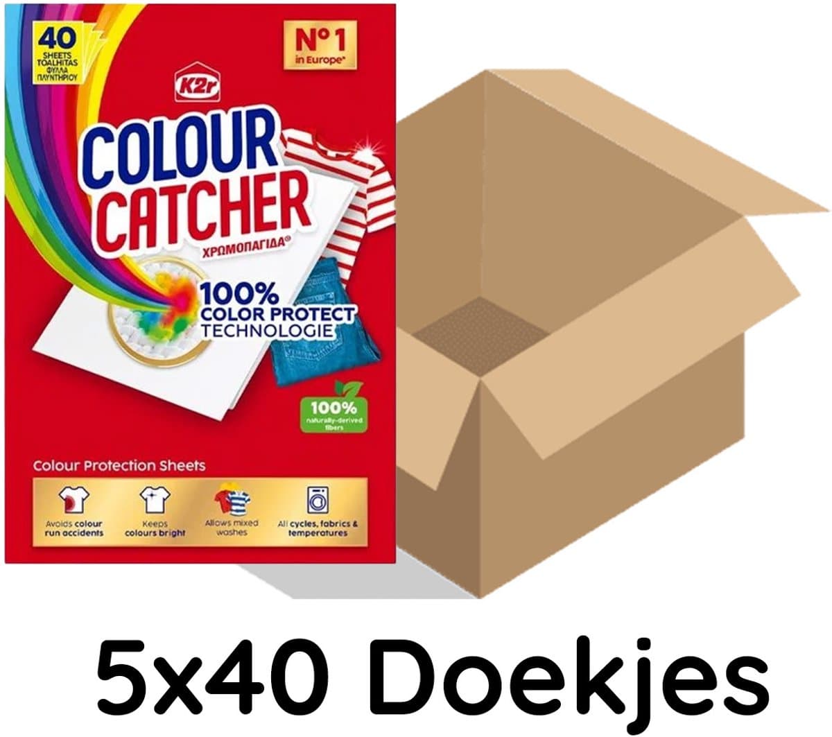 K2r - Colour Catcher Anti-kleurdoorloopdoekjes - 5x40 Doekjes 200 Doekjes in totaal - Groot verpakking - Voordeel Verpakking - Kleur - Doorloopdoekjes - Anti - Kleur Vanger — afbeelding 1
